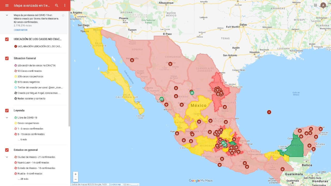 Mapa avanzado en tiempo real de pandemia del COVID-19 en Mexico